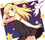  arm_strap bare_shoulders black_dress blonde_hair blush boku_wa_tomodachi_ga_sukunai dress hairband hasegawa_kobato heterochromia long_hair looking_at_viewer smile solo star stuffed_animal stuffed_bunny stuffed_toy two_side_up v yamasan 