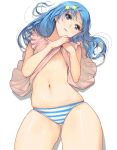  1girl blue_eyes blue_hair flat_chest hair_ornament head_tilt highres long_hair lying masao navel no_pants on_back original panties shiny shiny_skin shirt_lift skindentation solo star star_hair_ornament striped striped_panties thick_thighs thighs underwear white_background 