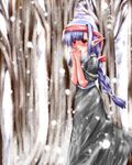  blue_hair blush cold female long_hair misana pointy_ears red_eyes snow tree 
