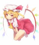  ascot between_legs between_thighs bowed_wings flandre_scarlet gomibox hand_between_legs hat red_eyes short_hair side_ponytail simple_background skirt skirt_set smile solo touhou v_arms wings 