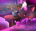  bed beverage blush bow cat diamond_(jewel_pet) diana dressing_gown feline female hair_tuft jewel_pet looking_at_viewer looking_back mammal ryo86 seductive sitting solo tail window wine wine_glass 