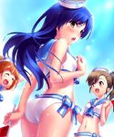  ass bare_shoulders bikini blue_hair blush bow brown_eyes brown_hair closed_eyes dixie_cup_hat flag futami_mami hat idolmaster idolmaster_(classic) kisaragi_chihaya long_hair looking_back military_hat multiple_girls navel purple_hair sailor_bikini sailor_collar sailor_hat sailor_swimsuit_(idolmaster) shiny shiny_skin side_ponytail swimsuit takatsuki_yayoi zen 