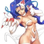  &gt;:) animal_ears bare_shoulders big_hair blue_hair breasts cat_ears cat_tail claws felicia green_eyes grin large_breasts long_hair mineji navel paws smile solo tail v-shaped_eyebrows vampire_(game) 