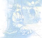 architecture bad_id bad_pixiv_id beads blue border bracelet closed_eyes cup drinking dust_particles east_asian_architecture fading_border full_moon hakama ichinomiya_kantarou japanese_clothes jewelry kaze-hime kimono long_sleeves male_focus monochrome moon moonlight obi pale_color sash seiza short_hair silver_hair sitting sky solo star tactics watermark white 