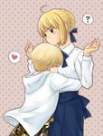  1girl ? ahoge artoria_pendragon_(all) blonde_hair casual child child_gilgamesh fate/hollow_ataraxia fate/stay_night fate_(series) gilgamesh green_eyes hair_ribbon heart hug ribbon saber semillon tears younger 