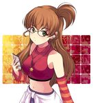  bare_shoulders bespectacled between_breasts breasts brown_hair detached_sleeves digital_media_player glasses green_eyes headphones idolmaster idolmaster_dearly_stars jewelry long_hair md5_mismatch medium_breasts midriff navel necklace one_side_up onion_(lemlaml) sakurai_yumeko shirt solo star striped taut_clothes taut_shirt tied_shirt 
