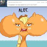  applejack_(mlp) ask_jappleack blonde_hair cowboy_hat daytime english_text equine eyelashes female food_in_mouth freckles friendship_is_magic fruit grass green_eyes hair hat horse hotdiggedydemon mammal my_little_pony open_mouth orange_body pony ponytail shadow teeth text tumblr 