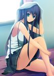  aqua_eyes armpits bad_id bad_pixiv_id black_hair digital_media_player highres long_hair original sitting skirt solo stanaka tank_top towel very_long_hair 