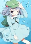  \||/ backpack bag blue_eyes blue_hair bubble hair_bobbles hair_ornament hand_on_headwear hands hat kawashiro_nitori key one_eye_closed open_mouth outstretched_hand purin_jiisan short_hair smile solo touhou two_side_up underwater 