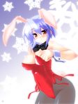  animal_ears blue_hair bow bowtie bunny_ears bunny_tail bunnysuit detached_collar fishnet_pantyhose fishnets highres kotonomiya_yuki pantyhose red_eyes saano_chia short_hair snowflakes solo suigetsu tail wrist_cuffs 