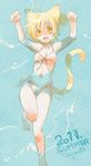  2011 afloat ahoge animal_ears armpits arms_up bare_legs barefoot bikini blonde_hair cat_ears cat_tail feet foreshortening from_above front-tie_top halftone halftone_background legs marufuji navel open_mouth orange_eyes original partially_submerged paw_pose short_hair side-tie_bikini smile solo strap_gap swimsuit tail thigh_gap water zanshomimai 