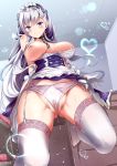  1girl apron azur_lane bare_shoulders belfast_(azur_lane) blue_eyes blush braid breasts cleavage collar commentary_request desk eyebrows_visible_through_hair eyes_closed french_braid frilled_apron frilled_gloves frills from_below garter_belt gloves heart highres indoors large_breasts looking_at_viewer looking_down maid maid_apron maid_headdress nipples one_breast_out panties panty_pull pulled_by_self silver_hair skirt skirt_lift smile solo sparkle standing sweat thighhighs underwear waist_apron white_apron white_gloves white_legwear white_panties yukishiro_arute 