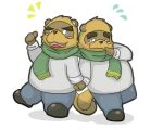  2012 anthro belly blush canine clothing duo emufu humanoid_hands male mammal overweight overweight_male pants scarf shirt simple_background tanuki white_background 