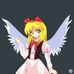  alphes_(style) blonde_hair bow dress gengetsu hair_ribbon kaoru_(gensou_yuugen-an) long_hair parody red_bow ribbon simple_background smile solo style_parody touhou touhou_(pc-98) vest wings yellow_eyes 