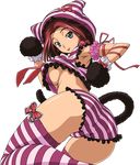  absurdres armpits ass blue_eyes bow breasts cat_tail code_geass frilled_panties frills from_behind gloves hat hat_with_ears highres kallen_stadtfeld looking_back medium_breasts panties paw_gloves paw_pose paws red_hair ribbon shirt short_hair solo striped striped_legwear striped_panties striped_shirt tabata_hisayuki tail thighhighs tongue tongue_out transparent_background underboob underwear vector_trace 