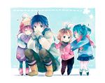  3girls ahoge angry aqua_hair bad_id bad_pixiv_id beanie black_legwear blonde_hair blue_eyes blue_hair blue_scarf boots bow brown_scarf closed_eyes coat covering_mouth denim fang fur_trim hair_bow hair_ornament hairclip hat hatsune_miku heart jacket jeans kagamine_rin kaito leg_warmers long_hair megurine_luka multiple_girls open_mouth ousaka_nozomi pants pantyhose pink_hair pom_pom_(clothes) red_scarf scarf short_hair short_twintails skirt squatting standing sweatpants sweatshirt twintails vocaloid winter_clothes younger 