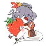  chibi food fruit holding holding_food holding_fruit kemonomimi_mode kiguchiko lowres purple_hair red_eyes snake_tail solo strawberry tail touhou yasaka_kanako 