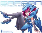  armor blue_eyes bodysuit gafran gundam gundam_age helmet kuzuryuu_kennosuke mecha mecha_musume panties panties_under_pantyhose pantyhose personification red_hair short_hair solo underwear 