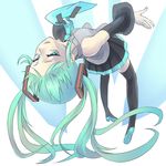  aqua_eyes aqua_hair arched_back black_legwear boots detached_sleeves full_body hatsune_miku jaco long_hair looking_at_viewer necktie open_mouth skirt solo thigh_boots thighhighs twintails upside-down vocaloid zettai_ryouiki 