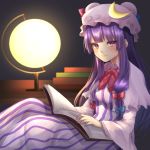  1girl blush book breasts capelet crescent desk desk_lamp dress eyelashes hat hat_ornament highres holding holding_book lamp light_smile long_dress long_hair looking_at_viewer medium_breasts mob_cap patchouli_knowledge purple_eyes purple_hair sitting solo striped striped_dress touhou yayoimaka03 