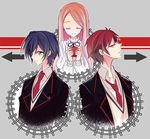  2boys apple bad_id bad_pixiv_id blue_hair brown_hair closed_eyes food fruit green_eyes holding holding_food holding_fruit long_hair mawaru_penguindrum multiple_boys red_hair school_uniform short_hair siblings tachibanaei takakura_himari takakura_kanba takakura_shouma 