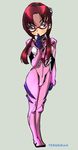  blue_eyes bodysuit chibi evangelion:_2.0_you_can_(not)_advance finger_to_mouth glasses long_hair makinami_mari_illustrious neon_genesis_evangelion pink_bodysuit plugsuit rebuild_of_evangelion red_hair solo teruchan twintails 