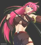  blue_eyes blue_seed bracelet breasts earrings gloves jewelry kuroko_(zanbara) large_breasts long_hair lowres midriff navel pink_hair pointy_ears skirt solo valencia_tachibana whip 