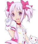  :3 blush_stickers bow choker flat_chest gloves hair_bow hands kaname_madoka kyubey looking_at_viewer magical_girl mahou_shoujo_madoka_magica marker_(medium) millipen_(medium) open_mouth pink_eyes pink_hair shirohebidou short_hair simple_background smile traditional_media twintails upper_body white_gloves 