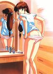  90s artist_request ass bare_legs blue_seed brown_hair butt_crack fujimiya_momiji green_eyes hair_brush half_updo long_hair looking_back low-tied_long_hair mirror official_art panties panty_pull pink_panties reflection scan shirt solo underwear undressing 