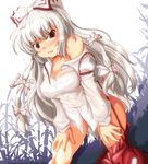  annoyed bamboo bamboo_forest bangs bare_shoulders blush body_blush bottomless bow breasts cleavage covered_nipples d: dress_shirt forest fujiwara_no_mokou hair_bow hands_on_thighs large_breasts leaning_forward long_hair looking_at_viewer naked_shirt nature no_bra no_panties off_shoulder open_mouth pants_down pants_pull red_eyes shiny shiny_skin shirt solo standing straight_hair suspenders touhou v-shaped_eyebrows very_long_hair white_hair yoriyuki_chiyo 