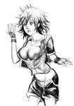  breasts character_request cleavage cluedog fingerless_gloves gloves greyscale groin kingdom_hearts large_breasts leaning_forward midriff monochrome open_mouth short_hair shorts simple_background solo sora_(kingdom_hearts) 
