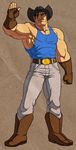  alternate_costume belt_buckle boots buckle cowboy_boots cowboy_hat denim fingerless_gloves full_body gloves hat jeans josef_axner male_focus muscle pants simple_background solo street_fighter tank_top thunder_hawk 