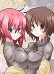  aqua_eyes bad_id bad_pixiv_id breast_press breasts brown_eyes brown_hair large_breasts mole multiple_girls paopao pink_hair pixiv_yuri_gakuen short_hair standing sweater symmetrical_docking 