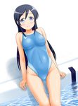  aragaki_ayase arena_(company) black_hair blue_eyes blue_swimsuit blush breasts competition_swimsuit covered_navel covered_nipples dutch_angle highleg highleg_swimsuit long_hair looking_at_viewer medium_breasts one-piece_swimsuit ore_no_imouto_ga_konna_ni_kawaii_wake_ga_nai pool poolside sitting skin_tight smile solo swimsuit thigh_gap tk4 white_background 