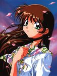  90s artist_request blue_seed brown_hair can earrings fujimiya_momiji green_eyes jewelry long_hair official_art petals scarf smile solo 