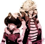  animal_hat belphegor_(reborn) coat fran_(reborn) frog_hat grin hair_over_eyes hand_in_pocket hat katekyo_hitman_reborn! multiple_boys shirt simple_background smile striped striped_shirt tiara 