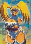  bare_shoulders blonde_hair breasts cleavage cleavage_cutout crossed_arms frills large_breasts mask rainbow_mika solo street_fighter street_fighter_zero_(series) tovio_rogers twintails wide_hips wrestling_outfit zoom_layer 