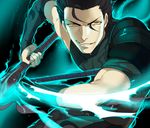  bad_id bad_pixiv_id black_hair dual_wielding fate/zero fate_(series) glowing holding inzup lancer_(fate/zero) looking_at_viewer male_focus mole mole_under_eye polearm smirk solo spear weapon yellow_eyes 