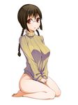  bare_legs barefoot bottomless braid breasts brown_eyes brown_hair covered_nipples glasses large_breasts legs long_hair naked_sweater original seiza sitting solo sweater thighs torigoe_takumi twin_braids twintails white_background 