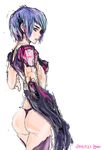  android ass blue_hair from_behind igau original panties short_hair simple_background sketch solo thong underwear 