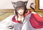  animal_ears bed black_hair cat_ears cat_tail collar green_eyes japanese_clothes kimono kyougoku_touya leash long_hair miko open_mouth original solo tail tongue tongue_out 