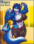  abs amber_eyes anthro avian biceps big_breasts breasts canine cleavage clothed clothing duo female hair hopey huge_breasts long_hair looking_at_viewer mammal max_blackrabbit muscles muscular_female nipples pose raven raven_hunt standing tail thong wolf wolfess 