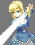  ahoge artoria_pendragon_(all) blonde_hair dress excalibur fate/stay_night fate_(series) glowing glowing_sword glowing_weapon green_eyes hair_ribbon md5_mismatch ribbon ryuusama saber simple_background solo sword weapon 