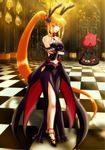  adult alternate_breast_size arc_system_works artist_request blazblue blonde_hair collar dress fingerless_gloves gii gloves high_heels highres hoshiyuki_aruru nago navel older rachel_alucard red_eyes 