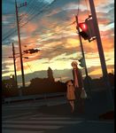  1girl ayaka0415 bag brown_hair child cloud coat cousins crosswalk doujima_nanako dusk dutch_angle family gakuran grey_hair holding_hands narukami_yuu open_mouth persona persona_4 plastic_bag power_lines road scenery school_uniform short_hair sky smile street sunset traffic_light tree 