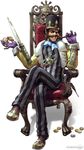  blade bodysuit brown_hair coin crossed_legs facial_hair geo_dampierre gloves grin hat hidden_blade highres jewelry kawano_takuji male_focus mustache official_art raised_eyebrow ring sitting smile solo soulcalibur soulcalibur_v striped throne top_hat watermark weapon 