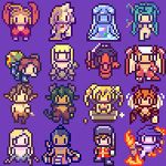  akai_(artist) akai_(ugokashitari) aliasing animated animated_gif antennae arachne bee bee_girl centaur centauress dragon dryad dullahan fire fire_wheel flat_chest golem harpy insect_wings lamia long_hair lowres mimic monster_girl multiple_girls pixel_art plant_girl purple_background satyr scylla short_hair simple_background slime spider_girl sprite tail toy_soldier very_long_hair weapon winding_key wings 