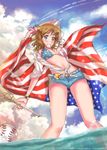  america_(hetalia) american_flag american_flag_bikini axis_powers_hetalia baseball baseball_bat belt bikini bikini_top blonde_hair blue_eyes blush bracelet carmenmcs denim denim_shorts flag flag_print front-tie_top genderswap genderswap_(mtf) hair_ornament hairclip highres jewelry patriotism shirt short_shorts shorts smile solo swimsuit tied_shirt wading wristband 