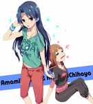  amami_haruka blue_eyes blue_hair earphones green_eyes hair_ribbon idolmaster idolmaster_(classic) kisaragi_chihaya long_hair multiple_girls ponekusan ribbon short_hair sitting 