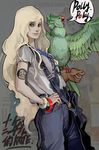  absurdres bird blonde_hair bracelet highres jewelry long_hair necklace original overalls parrot sanzhuangwangcat shirt solo t-shirt tattoo very_long_hair white_hair 